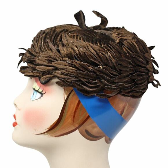 Vintage 50s 60s Brown Velvet Cocktail Hat w Cutout Leaf Shapes on Frame -Hey Viv - Picture 2 of 6